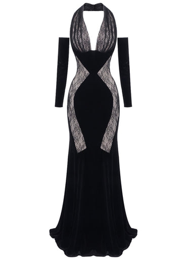 Long Sleeve Halter Lace Maxi Velvet Dress Black