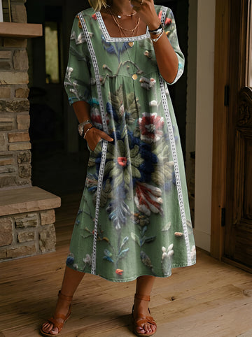 Women's Folk Printed Square Neck Hollow Cotton Pocket Dress
