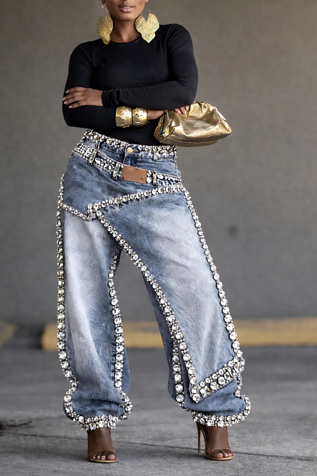 Women's Diamond-Encrusted Faux Two-Piece Denim Jeans