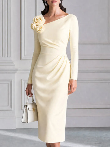 3D Rose Floral Asymmetrical Neck Ruched Midi Sheath Dress