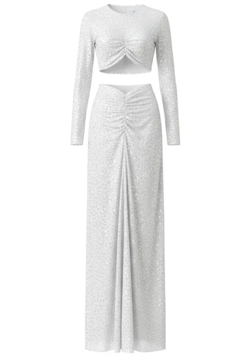 Long Sleeve Ruched Embellished Two Piece Maxi Dress White