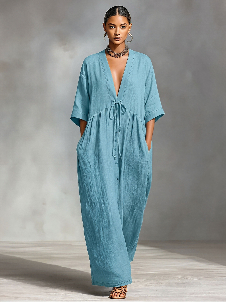 Women's Dusty Blue Linen-Blend Maxi Dress With V-Neck & Waist Tie, Timeless Boho-Resort Style Dress MDZ2100D6LYL