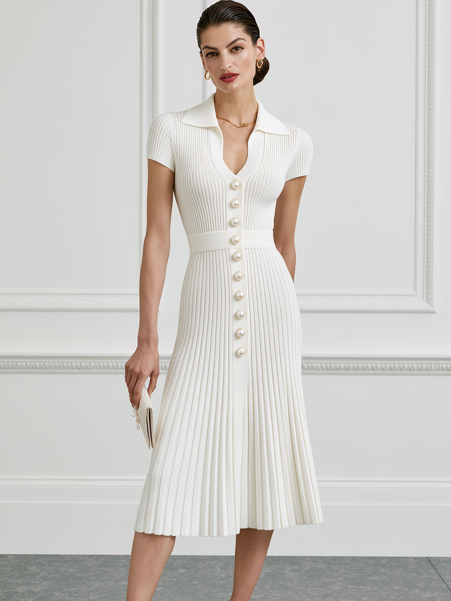 Ribbed Knit Pearl-Button Polo Midi Dress