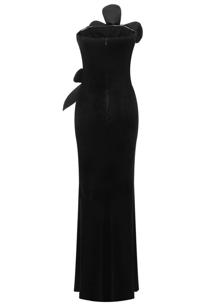 Strapless Floral Detail Maxi Velvet Dress Black