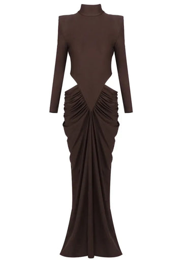 Long Sleeve Cut Out Draped Maxi Dress Brown