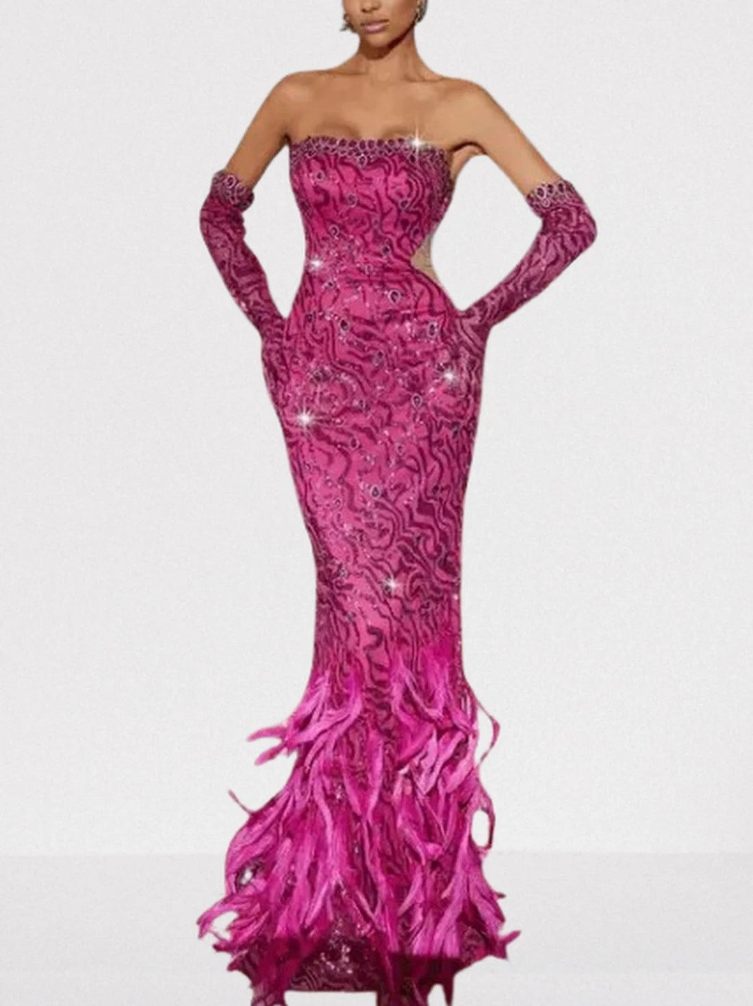 Pink Strapless Jewel, Sequin and Feather Gown