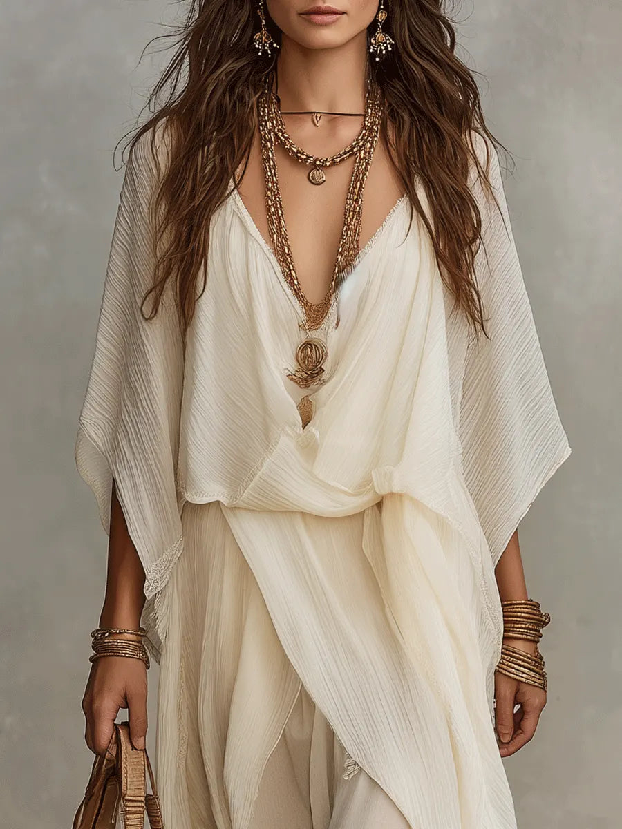 Boho Ethereal Ivory Draped Maxi Dress