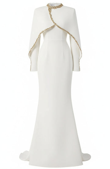 Cape Long Sleeve Embellished Maxi Dress White
