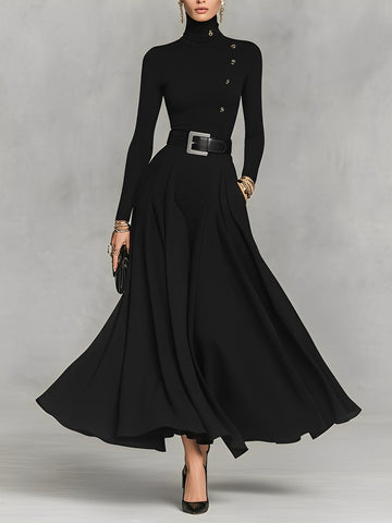 Women's Black Knit Elegant High Neck Button Detail Maxi Dress MDA1183K0I