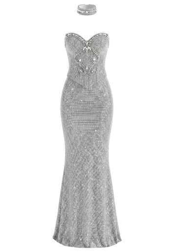Strapless Crystal Choker Maxi Dress Silver