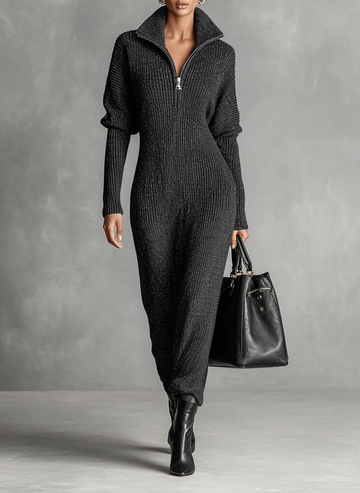 Women's Minimalist Solid Color Zipper Neck Knitted Maxi Dress MDA1633J4Y