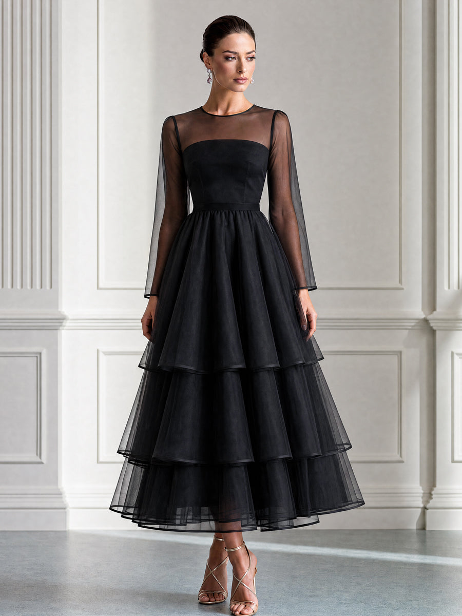 Elegant Sheer Sleeve Tiered Organza Midi Dress