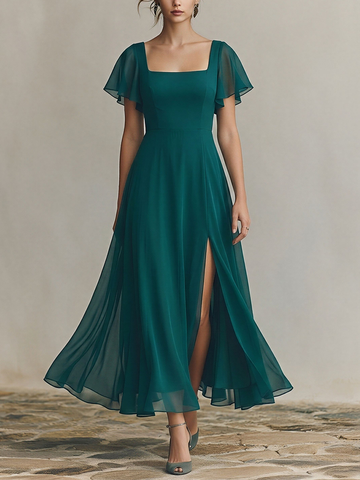 Women's Emerald Green Chiffon Maxi Dress With Square Neck & Flutter Sleeves, Timeless Formal Bridesmaid Gown MDZ2300D1LYL