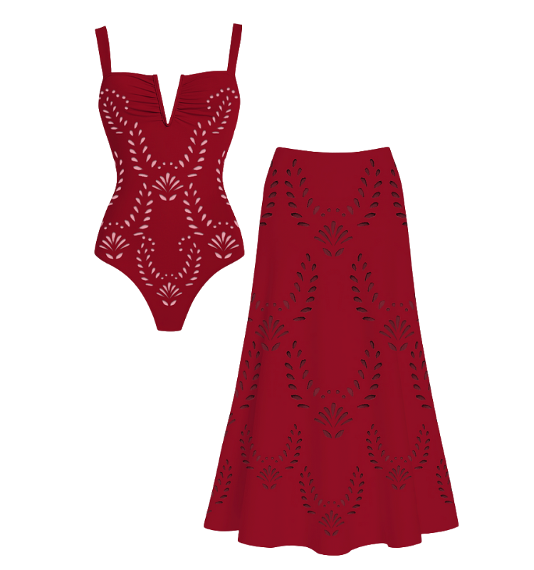 Laser Hollow Out One Piece Swimsuit and Skirt