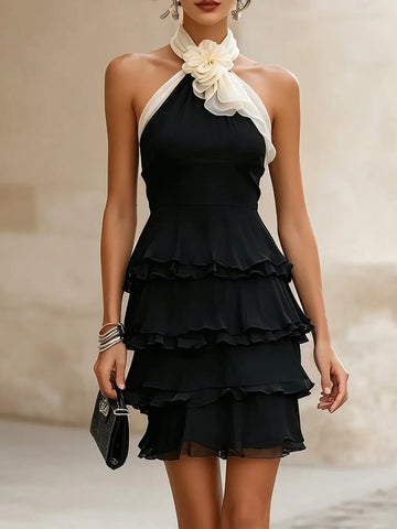 Black Chiffon Floral Halter Neck Layered Mini Dress