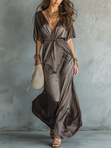 Sleek Satin V-Neck Tie-Waist Maxi Dress