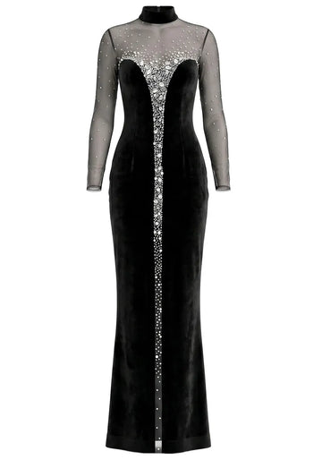 Long Sleeve Crystal Mesh Maxi Velvet Dress Black