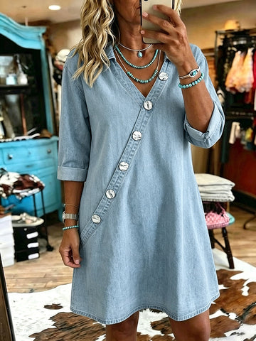 Women's Vintage V-neck Patchwork Denim Dress