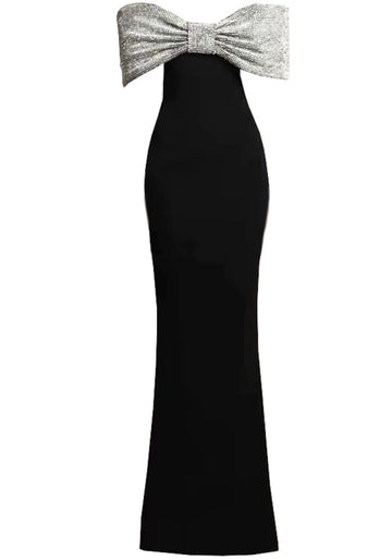 Crystal Bow Bardot Maxi Dress Black
