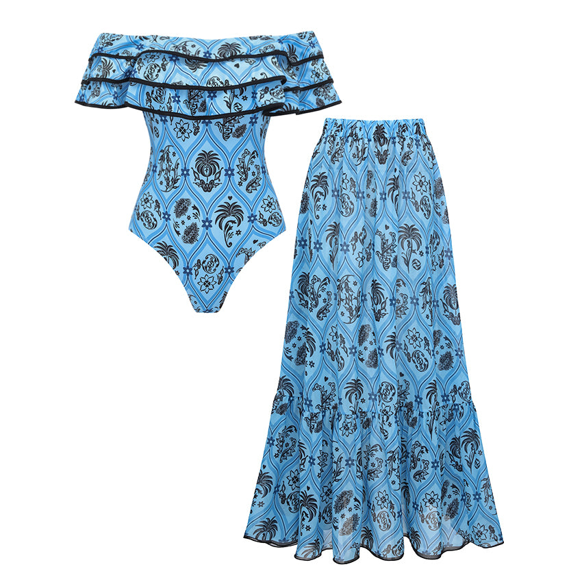 Off Shoulder Three-tiered Ruffles Printed Swimsuit Set(s)