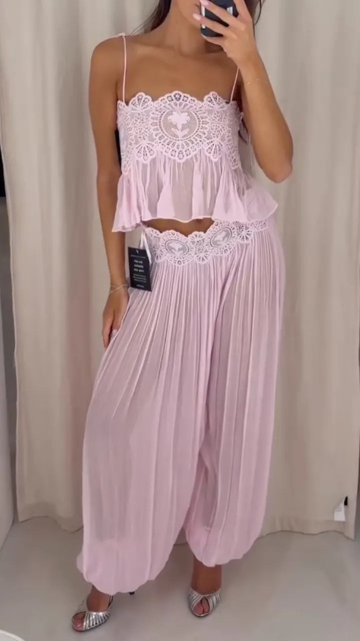 Women's Elegant Two-Piece Set with Lace-Paneled Camisole