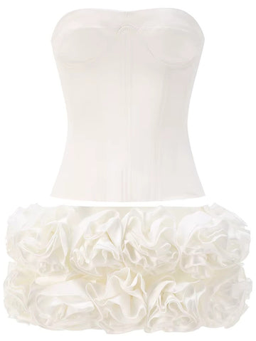 Strapless Corset Floral Ruffle Two Piece Dress White