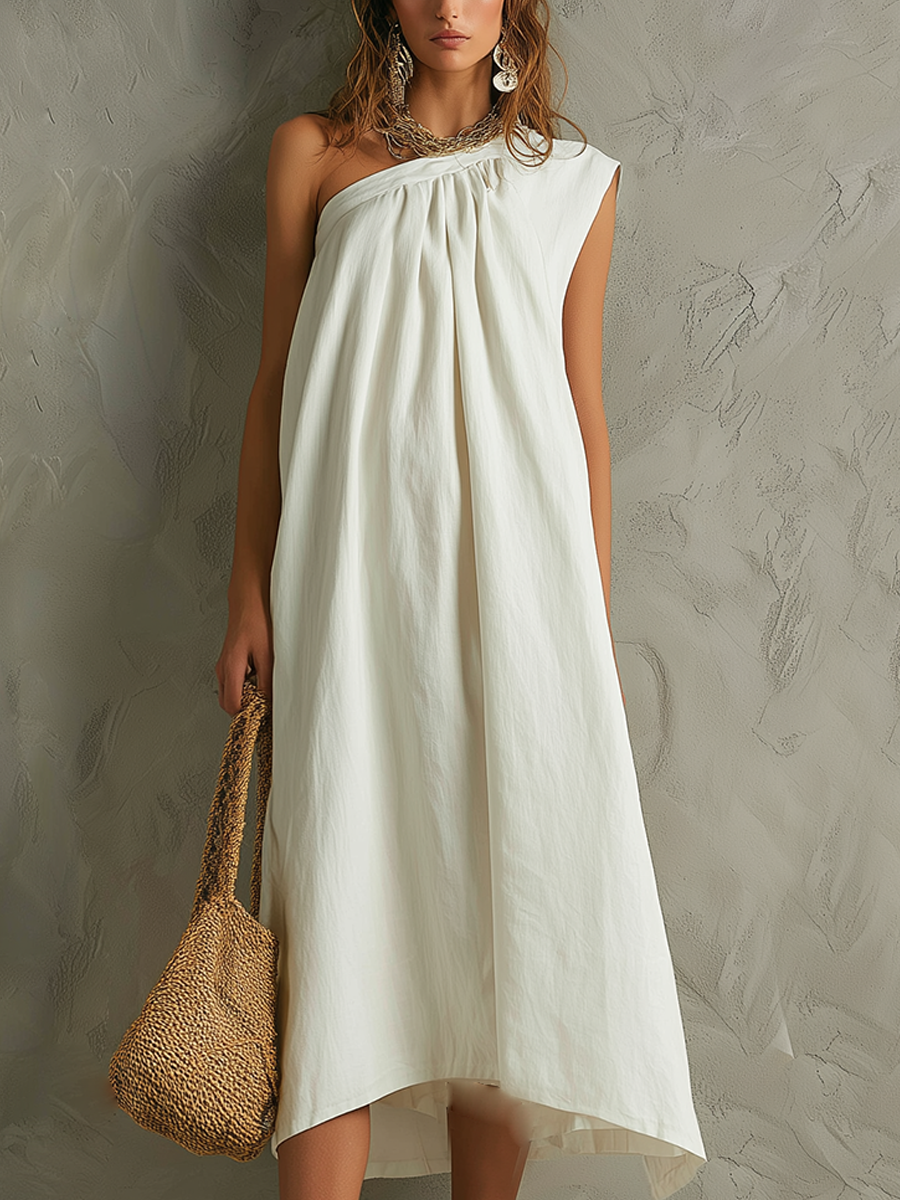 White Minimalist One Shoulder Maxi Dress With A Resort Vibe