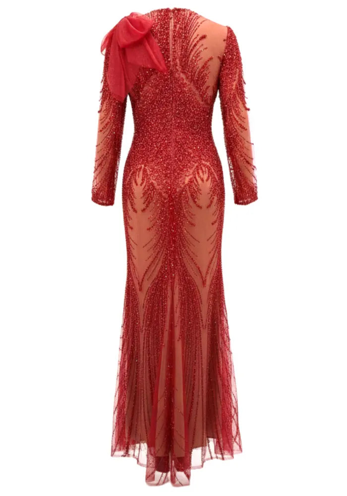 Long Sleeve Sequin Mesh Maxi Dress Red