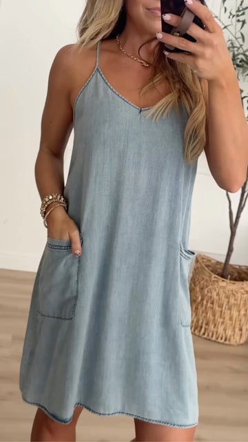 Women's V-Neck Spaghetti Strap Tencel Denim Dress