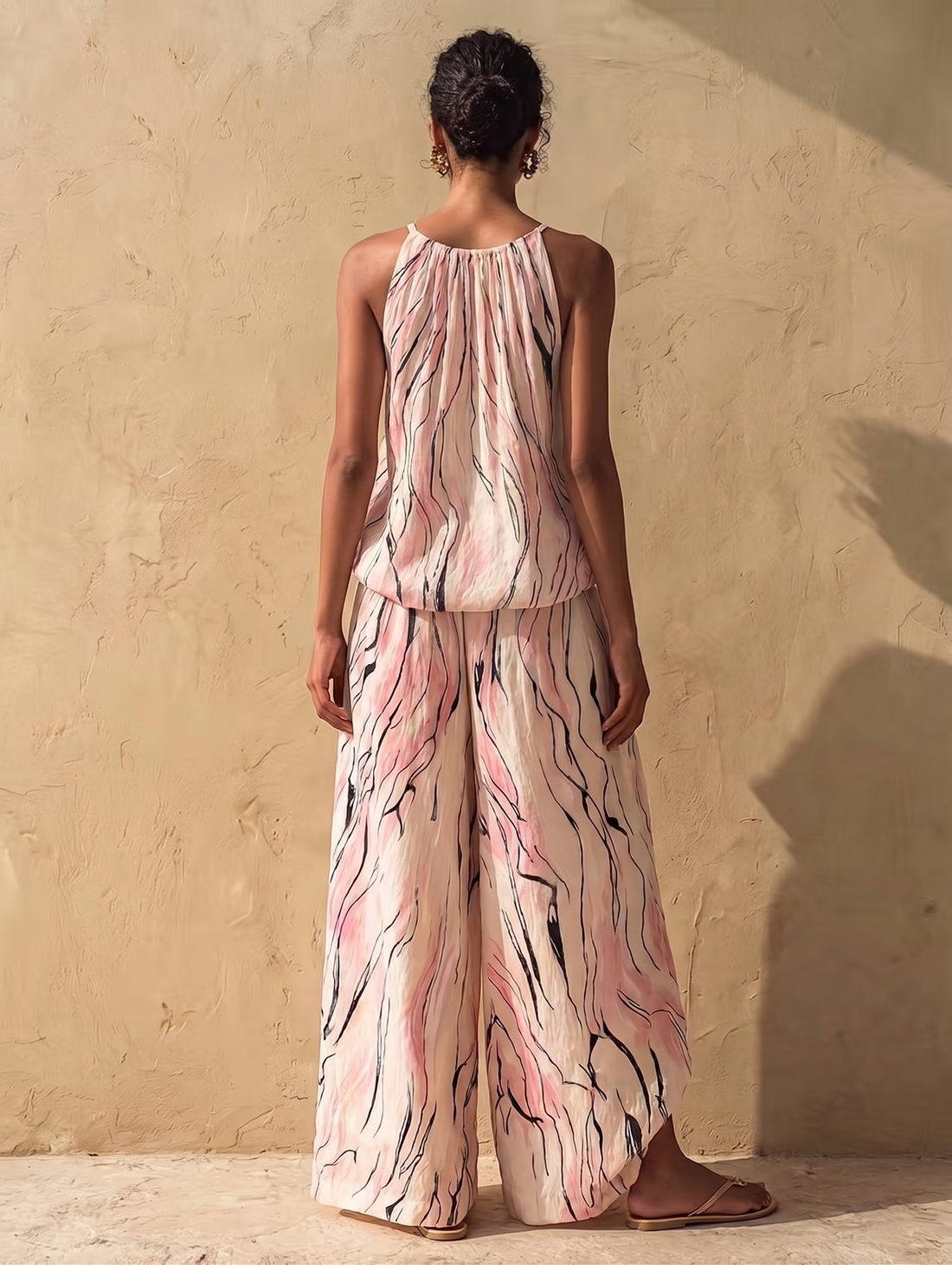 Pink White Gradient Striped Print Camisole And Wide-leg Pants Set
