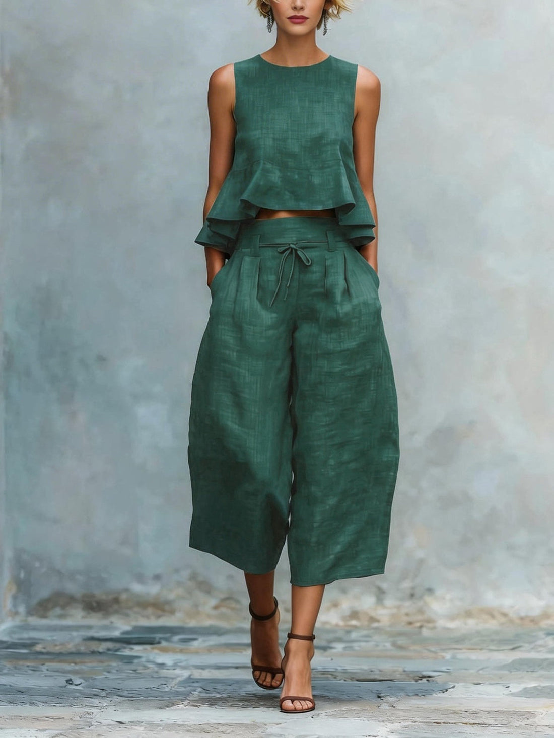 Solid Color Faux Linen Ruffled Wide-leg Capri Pants Suit