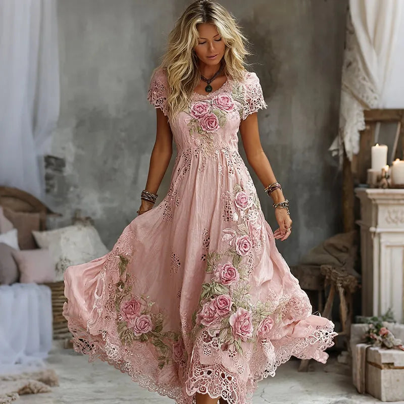 Women's Vintage Rose Floral Art Embroidery Casual Maxi Dress