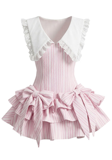 Bow Detail Striped Ruffle Dress Pink White