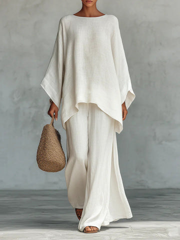 Minimalist Faux Linen Blend Flowy Top And Pants Two-piece Set
