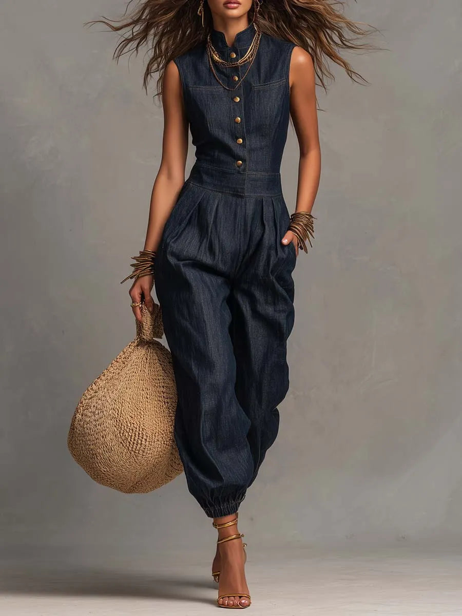 Retro Tencel Denim Sleeveless Jumpsuit