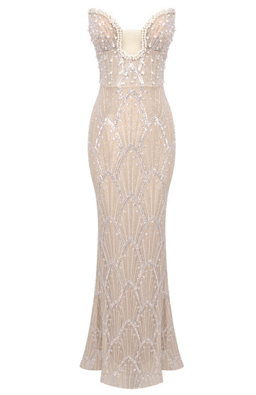 Strapless Pearl Sequin Bustier Maxi Dress Nude