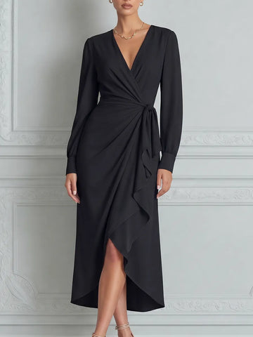 Black Dress Fall Wedding Guest Dress Wrap Ruffle Midi Dress