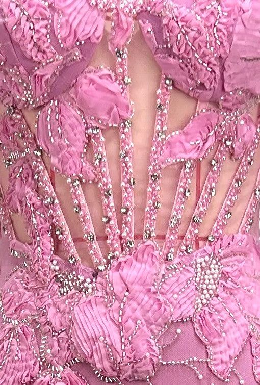 Strapless Embellished Floral Corset Maxi Dress Pink