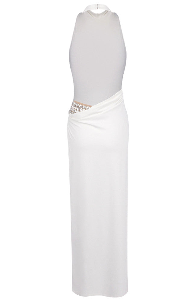 Halter Crystal Detail Backless Maxi Dress White