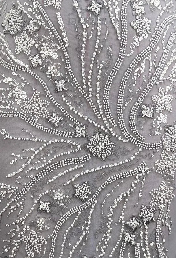 Strapless Floral Crystal Maxi Dress Silver