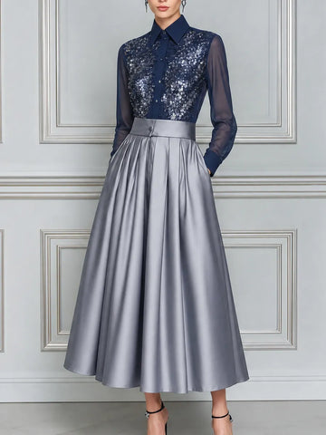 Navy Sequin Shirt And Silver Pleated Skirt Two-Piece Set