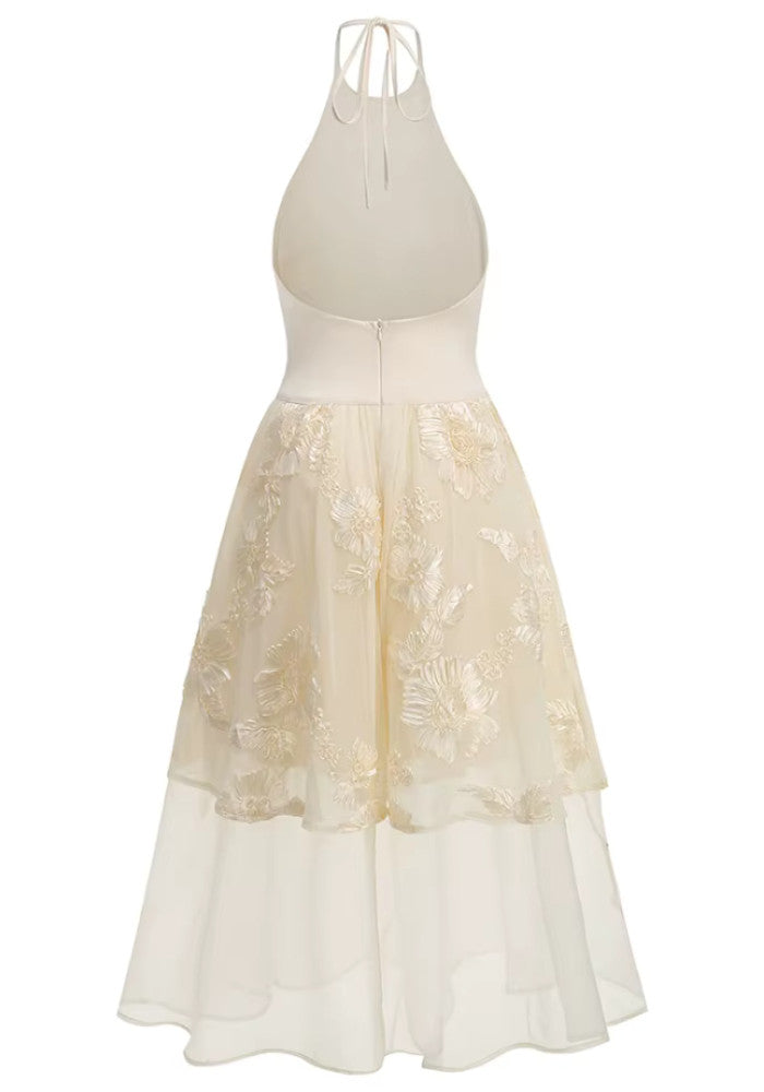 Halter Floral Ruffle Midi Dress Ivory