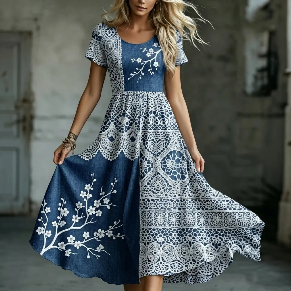 Women's Retro Japanese Cherry Blossom Patchwork Art Pattern Casual Dress