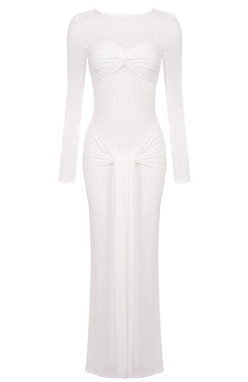 Long Sleeve Draped Detail Maxi Dress White