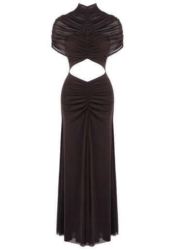 Draped Mesh A Line Maxi Dress Brown