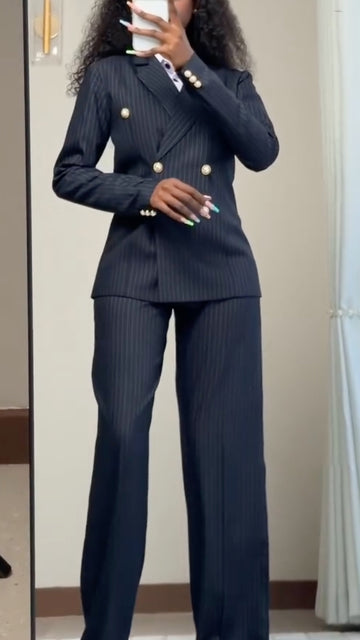 Pinstripe Gold Button Double Breasted Tailored Suit