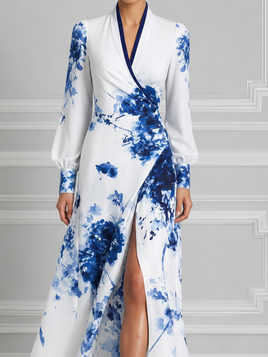White Blue Watercolor Floral Print Shawl Collar Wrap Slit Maxi Dress