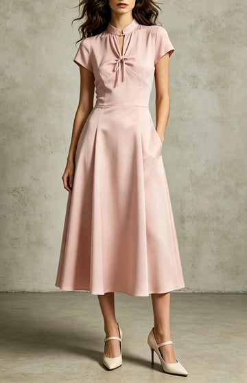 Women's Short Sleeve Mock-Neck Tie-Front Midi Dress with Pintucks