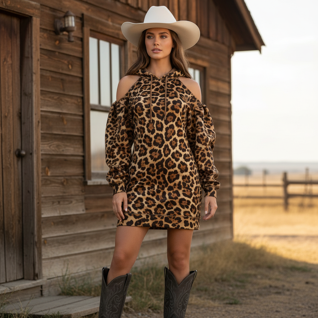 Women's Vintage Leopard Print Off-Shoulder Hoodie Dress
