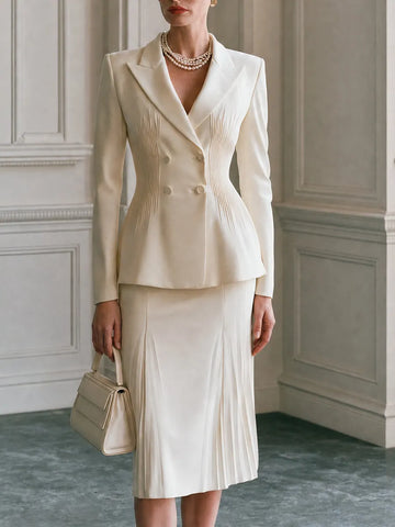 Peaked-Lapel Pintuck Blazer & Pleated Midi Skirt Set